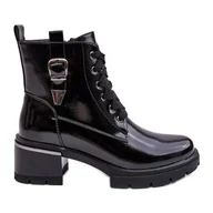 Botki damskie - S.Barski Damskie Lakierowane Botki D&A MR870-97 Czarne - miniaturka - grafika 1