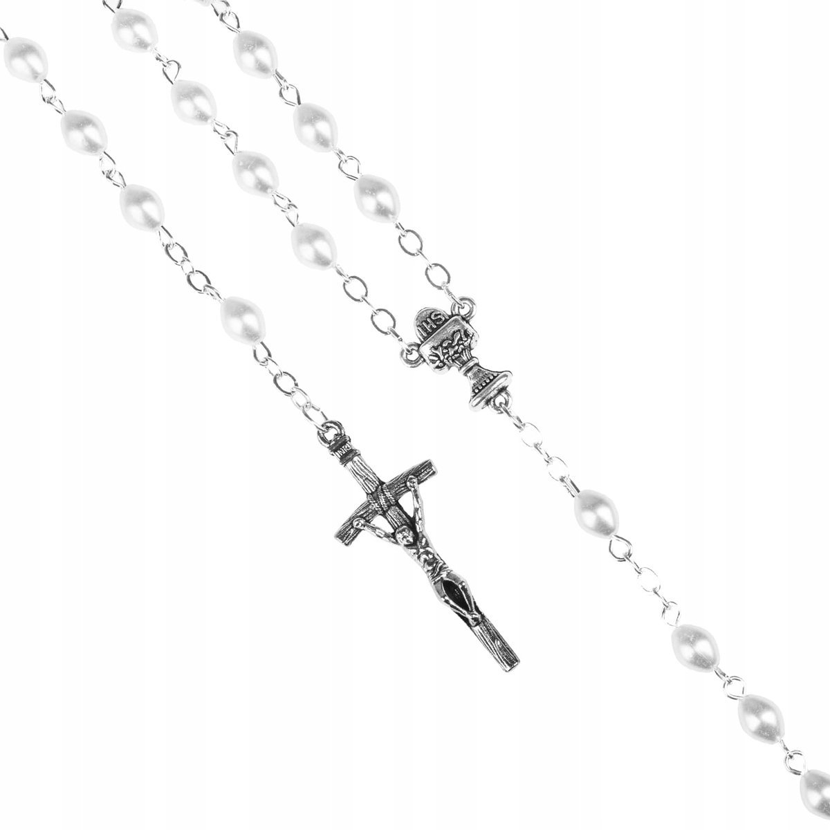Różaniec Komunijny Biały Perłowy 8Mm Kielich Ihs Krzyż Prezent Dziecko