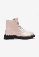 Botki damskie - Różowe Botki Traperki z Ozdobnym Sznurowaniem i Nitami Dunisani - miniaturka - grafika 1