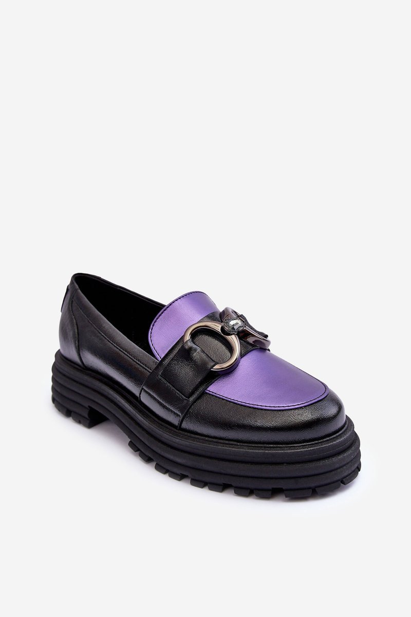 Półbuty Loafersy Damskie Skórzane Na Płaskim Obcasie Czarno-Fioletowe Elkiza -36