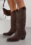 Kozaki damskie - Brązowe Klasyczne Kozaki Kowbojki z Imitacji Zamszu Rilona - miniaturka - grafika 1
