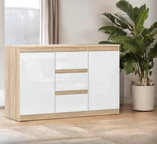 Komoda Drewniana Biała Połysk 3 Szuflady 120cm Nowoczesny Szafka Sonoma - Komody - miniaturka - grafika 1