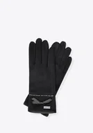 Rękawiczki - Damskie rękawiczki z kokardą i delikatnym przeszyciem czarne - miniaturka - grafika 1