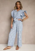 Komplety damskie - Niebieski Komplet Ażurowy Bluzka o Koszulowym Kroju i Spodnie z Szeroką Nogawką Linaniria - miniaturka - grafika 1