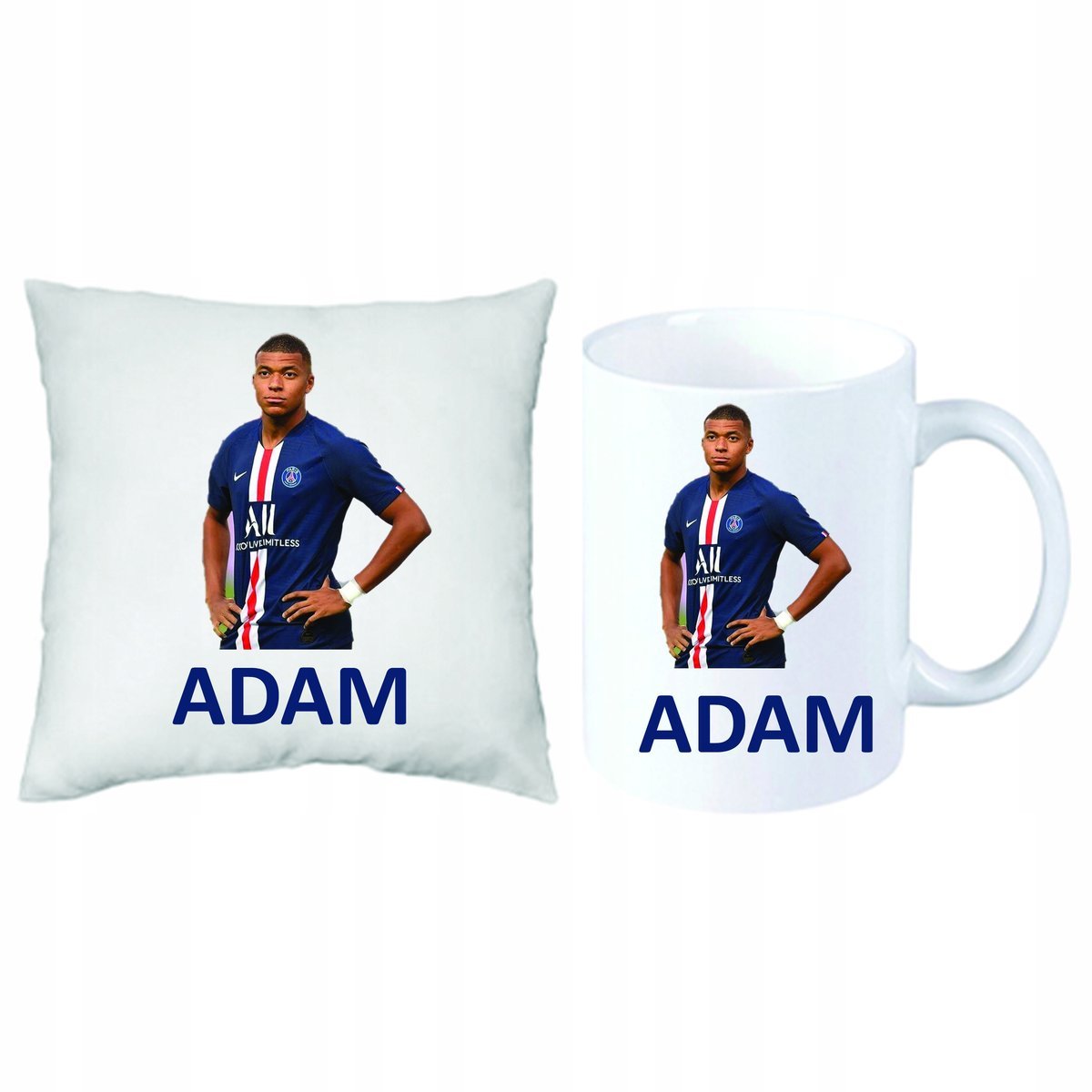 Zestaw PODUSZKA + KUBEK Kylian Mbappe PSG + IMIĘ