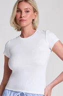 Koszulki i topy damskie - Hunkemöller Top piżamowy z prążkowanej tkaniny z krótkimi rękawami i okrągłym dekoltem Biały - miniaturka - grafika 1
