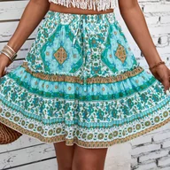 Spódnice - TEMU Damska spódnica w stylu Y2K z kwiatowym nadrukiem i falbanką - żywy błękitu i nadruk w kolorze błękitu, kieszenie pełnej długości, idealna na - miniaturka - grafika 1