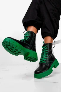 Czarne workery sznurowane damskie botki na zielonej podeszwie Casu ER22WX6-BG-39 - Botki damskie - miniaturka - grafika 1