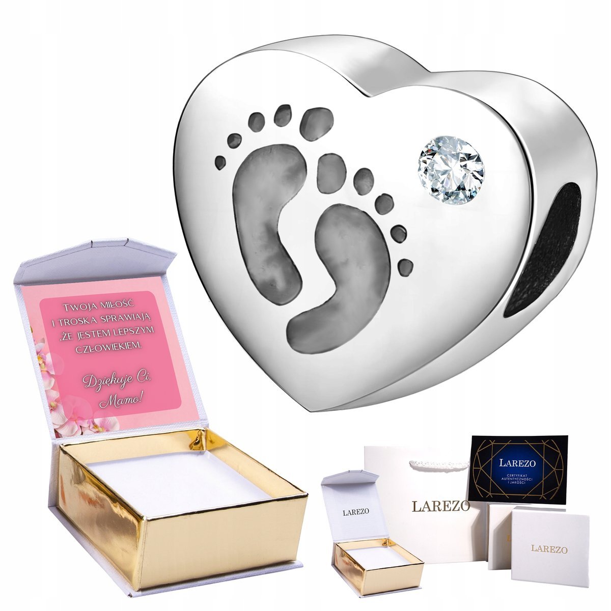 Srebrny Charms Serce Serduszko Stópki Dziecięce Cyrkonia Stopy Stopa NADRUK