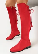 Kozaki damskie - Czerwone Płaskie Kozaki z Wiązaniem i Chwostami z Tyłu Nafela - miniaturka - grafika 1