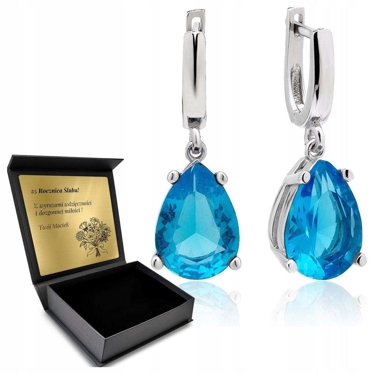 Kolczyki Srebrne 925 Błękitny Topaz Biżuteria Dla Kobiety + Grawer