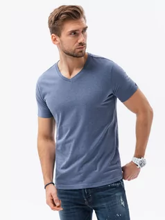 Koszulki męskie - Klasyczna męska koszulka z dekoltem w serek BASIC - niebieski melanż V18 S1369 - grafika 1