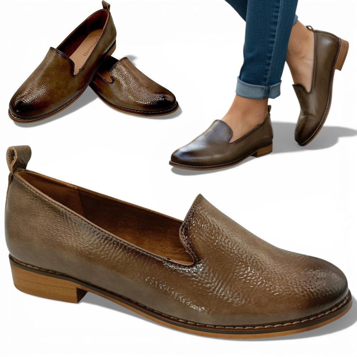 Damskie Mokasyny Eleganckie Płaskie Wygodne Półbuty Brązowe Potocki 41