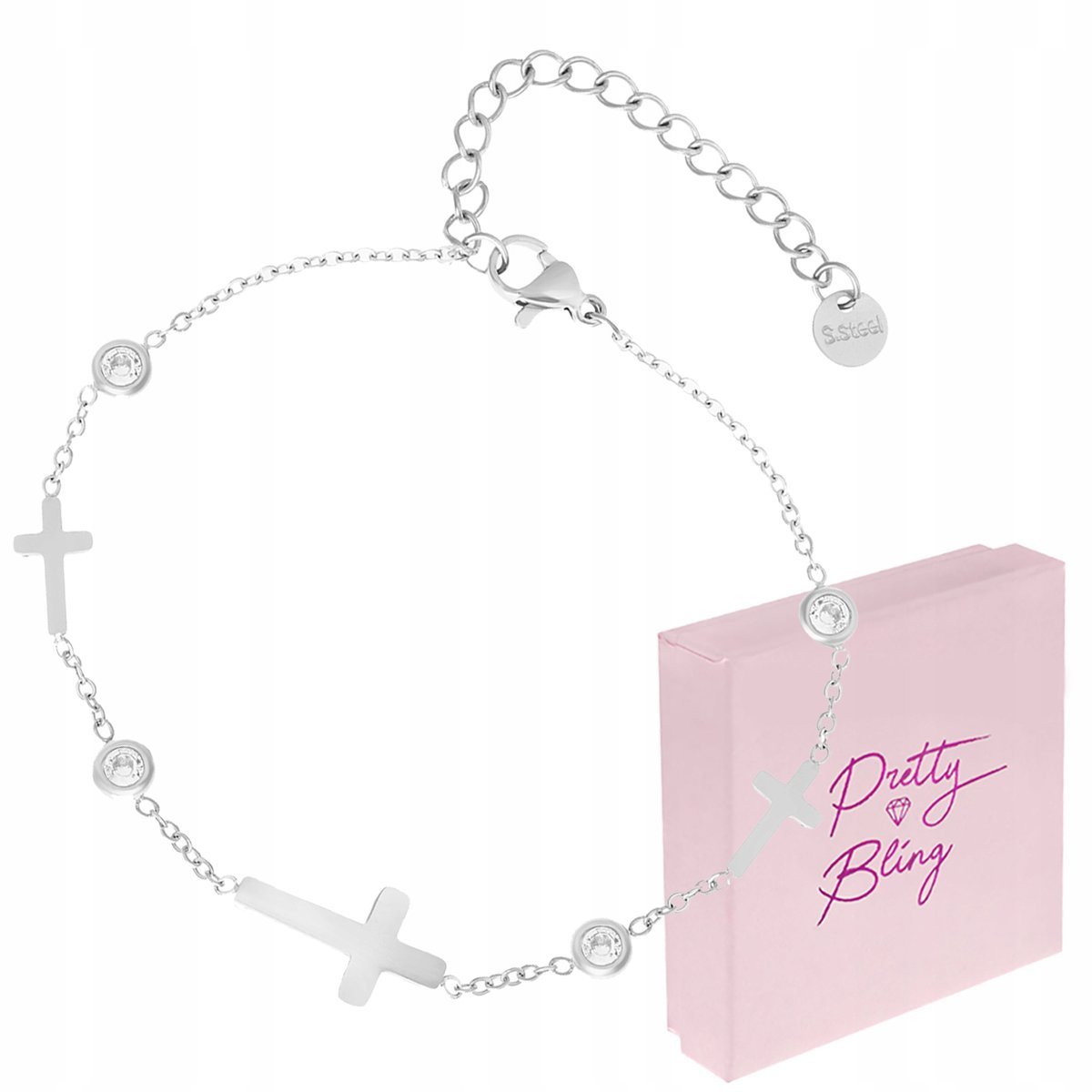 Bransoletka damska KRZYŻYKI cyrkonie regulowana srebrna STAL 316L