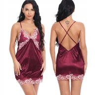 Komplety bielizny - BIELIZNA DAMSKA SATYNOWY KOMPLET KORONKA KOSZULKA NOCNA HALKA STRINGI KOLOR BORDO - miniaturka - grafika 1