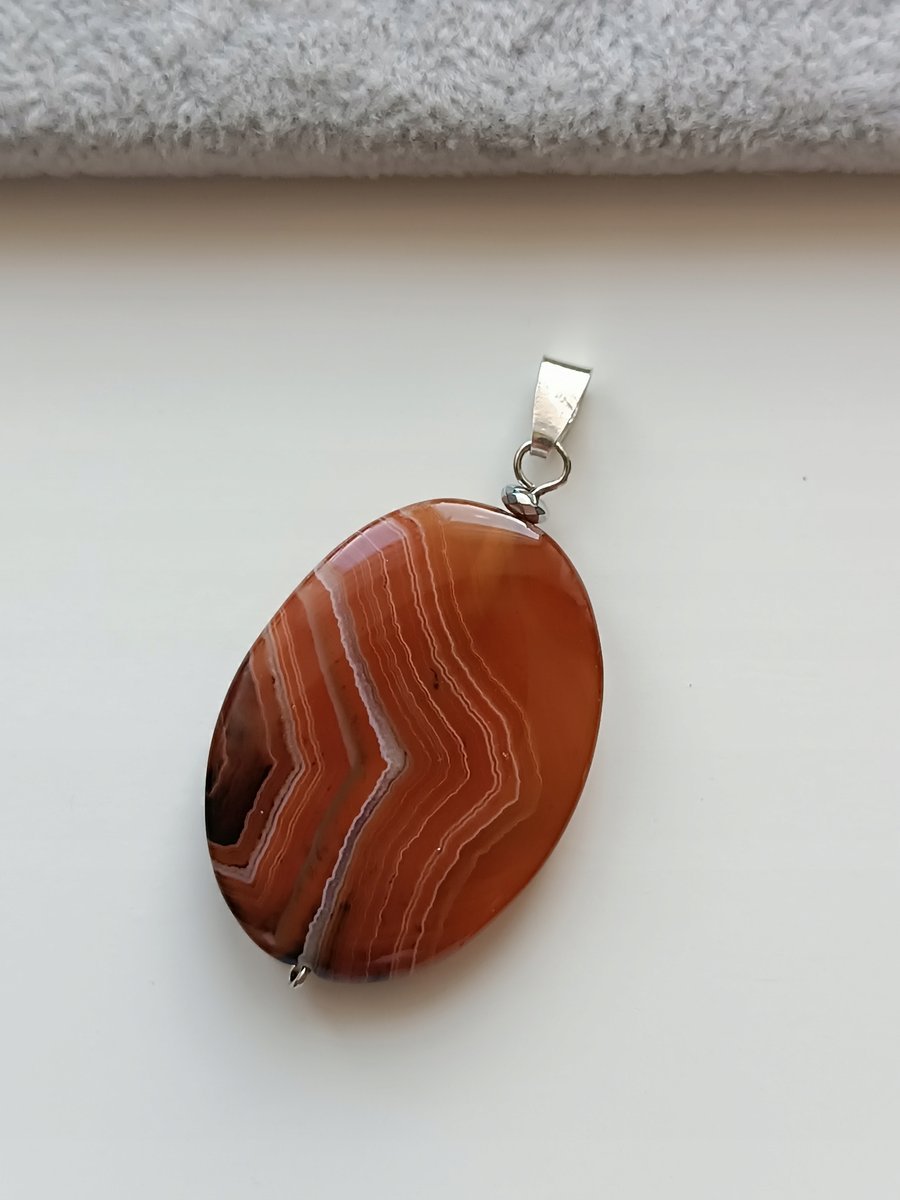 OWALNA ZAWIESZKA WISIOREK BRĄZOWY AGAT KARNEOL GŁADKI SREBRO 4cm x 3cm