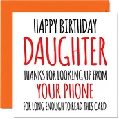 Kartki okolicznościowe i zaproszenia - Śmieszne kartki urodzinowe dla córki – szukaj z telefonu – dowcipna kartka urodzinowa dla córki od mamy taty, córki banter prezenty urodzinowe, 145 mm x 145 mm kartki z życzeniami urodzinowe prezent - miniaturka - grafika 1