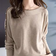 Bluzy damskie - TEMU Elegancki Sweter Damski z Guzikami i Dekoltem Łódką - Beżowy & Kontrastowa Bluza w Kolorowe Paski, Wszechstronna Marynarka na Każdą Porę Roku do - miniaturka - grafika 1