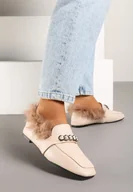 Mokasyny damskie - Beżowe Mokasyny na Płaskiej Podeszwie z Futerkiem i Metaliczną Ozdobą Emalorae - miniaturka - grafika 1