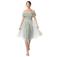 Sukienki - Maya Deluxe Sukienka wieczorowa z cekinami – sukienka koktajlowa damska z dekoltem w serek – tiulowa sukienka damska z krótkimi rękawami, Green Lily, 54 - miniaturka - grafika 1