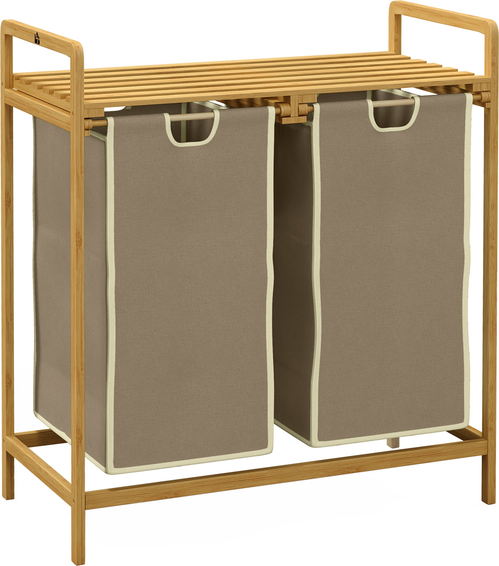 HOMCOM Kosz na pranie Pojemnik na pranie z 2 wyjmowanymi workami na pranie Pojemnik na pranie z platformą Sortownik na pranie do łazienki Bamboo Cream 63,5 x 33 x 73 cm