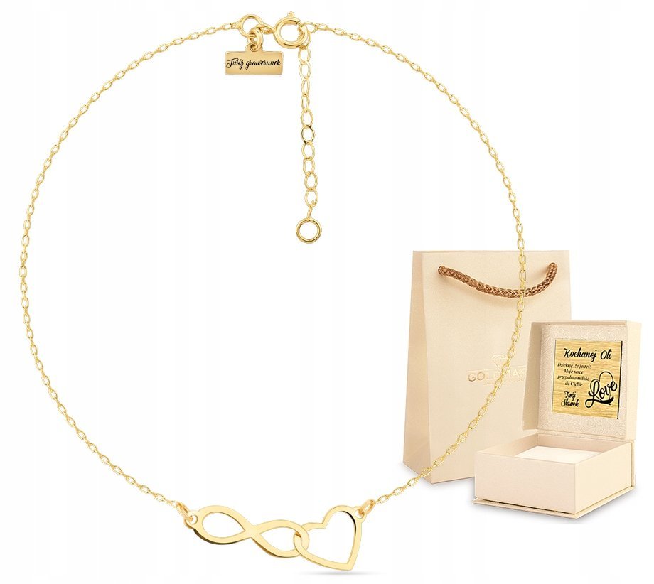 PIĘKNA ZŁOTA BRANSOLETKA Z SERDUSZKIEM I NIESKOŃCZONOŚCIĄ 8KT 333 GRAWER