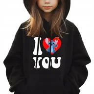 Bluzy dla dziewczynek - Bluza Dziecięca Kaptur Czarna Na Prezent Lilo Stich I Love You Wzory - 140 - miniaturka - grafika 1