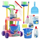 Zabawy w naśladowanie dorosłych - ZESTAW DO SPRZĄTANIA DLA DZIECI NA WÓZKU MOP WIADRO MIOTŁA MYCIE ZAMIATANIE Y150N - miniaturka - grafika 1