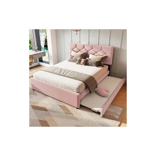 Łóżko tapicerowane 140x200 cm, stelaż listwowy i pojemnik na kółkach, różowe - Łóżka Łóżko tapicerowane 140x200 cm, stelaż listwowy i pojemnik na kółkach, różowe - Łóżka - miniaturka - grafika 1