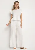 Komplety damskie - Biały Komplet z Wiskozą Szerokie Spodnie i Bluzka z Falbankami Villimi - miniaturka - grafika 1