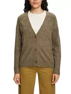 Swetry damskie - ESPRIT Kardigan zapinany na guziki z dekoltem w serek, mieszanka wełny, zielony khaki, L - miniaturka - grafika 1