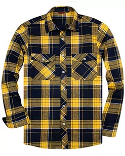 siliteelon Koszula flanelowa męska bawełniana koszula w kratkę Męska koszula z długim rękawem Regular Fit Casual Plaid Shirt, Żółty-czarny, M - Koszule męskie - miniaturka - grafika 1