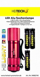 Heitech aluminiowa latarka z 9 diodami LED – włącznik/wyłącznik, w zestawie 3 baterie AAA/Micro, czerwona - Latarki - miniaturka - grafika 1