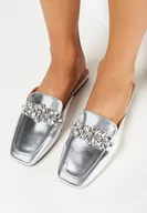 Klapki i japonki damskie - Srebrne Klapki z Kwadratowym Noskiem i Kryształami Nainthea - miniaturka - grafika 1