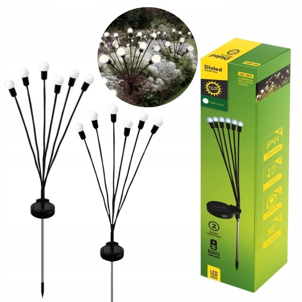 Dioled Lampka solarna wbijana ogrodowa 6 kulka LED zimna DO OGRODU NA TARAS 2 szt