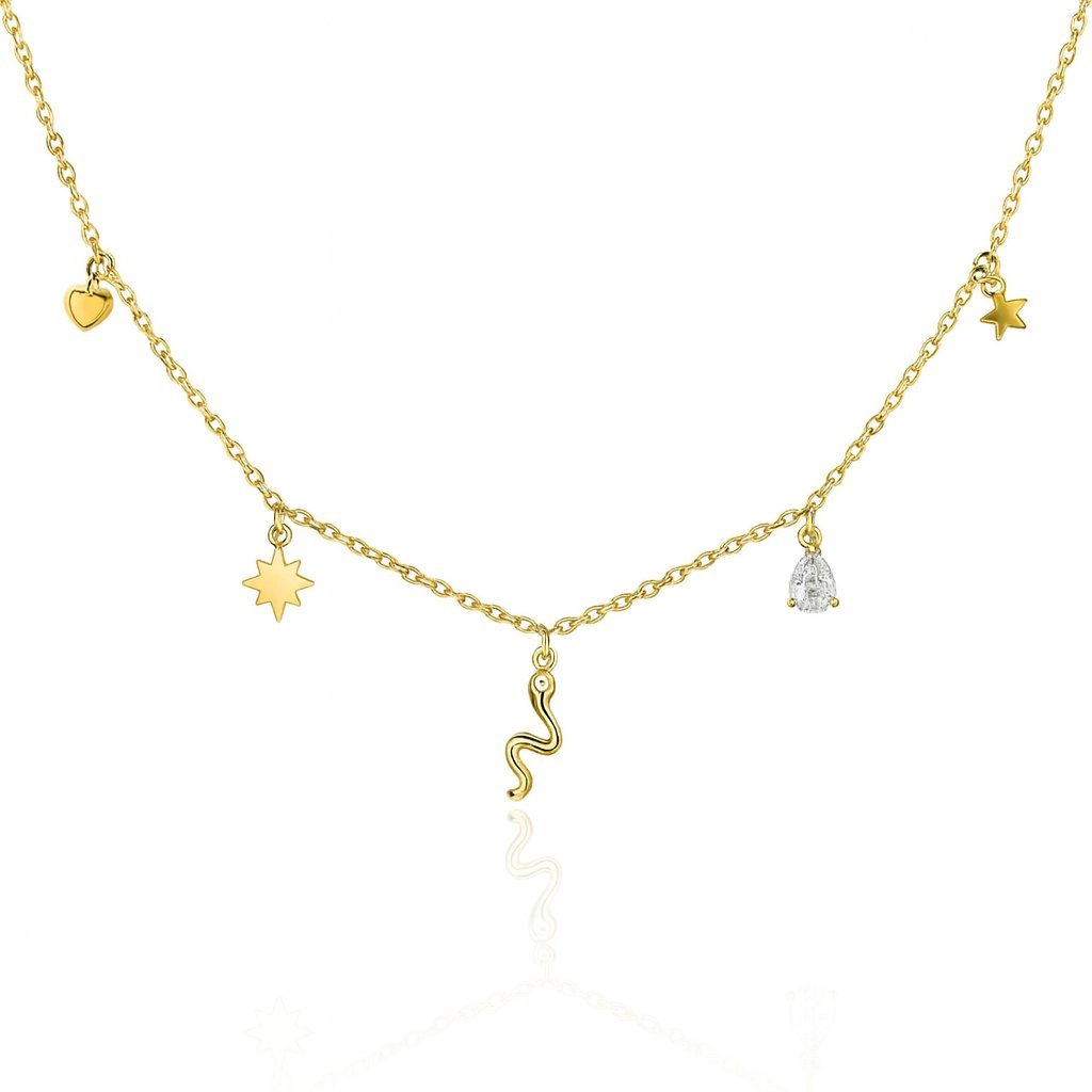 Naszyjnik Astraea Złota Celebrytka 5 Zawieszek Wąż Gwiazdki Serce Stal PVD Prezent dla Niej