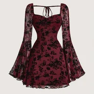 Sukienki - TEMU Elegancka czarna sukienka z koronką dla kobiet z bufiastymi rękawami - Dekolt w serek, długi rękaw, dopasowany krój, całoroczna, szykowna na - miniaturka - grafika 1