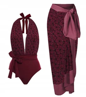Jednoczęściowy Strój Kąpielowy Kwiaty Szyfonowa Spódnica Bordowy L - Stroje kąpielowe - miniaturka - grafika 1