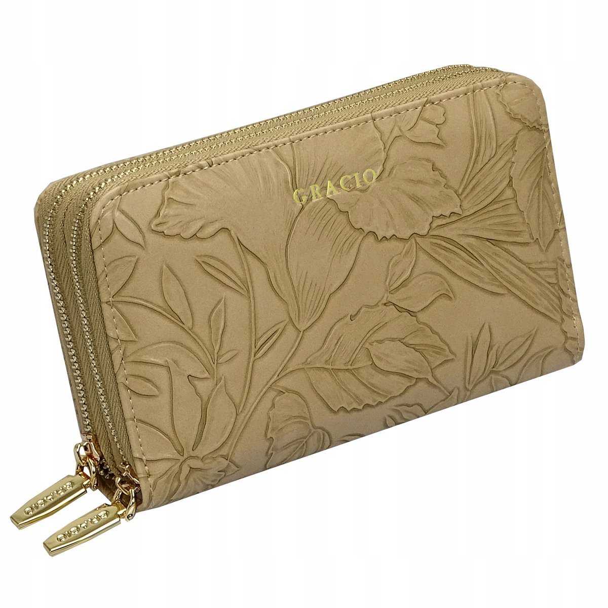 Portfel DAMSKI Beżowy DUZY RFID w KWIATY SKORZANY na PREZENT GRACIO MODNY