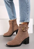 Botki damskie - Ciemnobeżowe Botki na Obcasie w Stylu Sztybletów Ozdobione Klamrą Irilisae - miniaturka - grafika 1