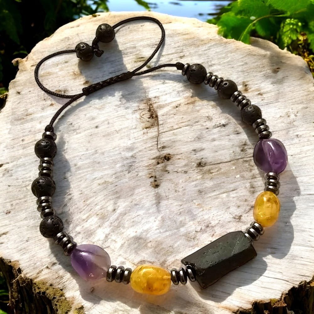 Bransoletka Męska z czarnym turmalinem ametystem i hematytem ochrona i kontrola