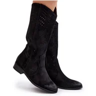 Botki damskie - Vinceza Ażurowe Botki Do Połowy Łydki Czarne Kleorelia - miniaturka - grafika 1