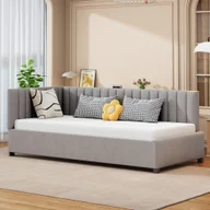 Sofy i kanapy - Merax łóżko dzienne 90x200cm sofa rozkładana z listwami, aksamitne łóżko tapicerowane łóżko dziecięce łóżko dzienne sofa rozkładana z podłokietnikami, szary - miniaturka - grafika 1