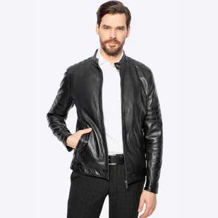 Męska kurtka biker ze skóry z przeszyciami czarna - Kurtki męskie Męska kurtka biker ze skóry z przeszyciami czarna - Kurtki męskie - miniaturka - grafika 1