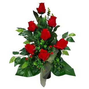 RÓŻE czerwone (662.4b) bukiet we wkładzie do wazonu na grób cmentarz - Sztuczne kwiaty - miniaturka - grafika 1