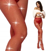 Rajstopy - Rajstopy KABARETKI czerwone kryształki CYRKONIE eleganckie ONE SIZE - miniaturka - grafika 1