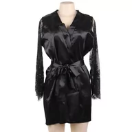 Szlafroki damskie - Satynowy szlafrok z koronkowymi rękawami - miniaturka - grafika 1