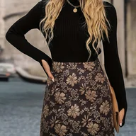 Spódnice - TEMU Elegancka Spódniczka A-Line dla Kobiet - Brązowo-Kremowy Wzór Floralny, Dopasowany Krój z Zamkiem Błyskawicznym, Strukturalna Mini do Biura i - miniaturka - grafika 1