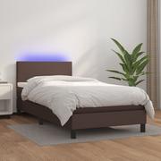 Łóżka - Lumarko Łóżko kontynentalne z materacem i LED, brąz, ekoskóra 90x200 cm - miniaturka - grafika 1