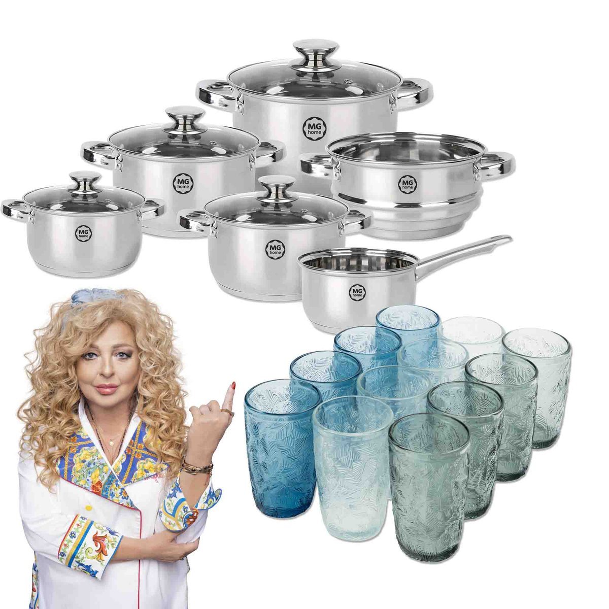 Zestaw stalowych garnków 10 el z pokrywkami + zestaw szklanek